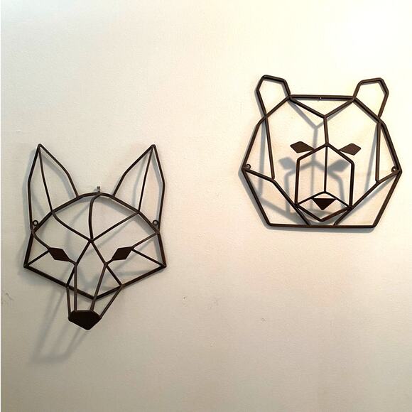 2 Cast Iron Geometric Fox And Bear Face Wall Hanging Metal Head Brown set of two - Picture 1 of 5